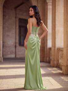 Anymoon Women's Floral Embroidered Pleated Elegant Spaghetti Strap Evening Gown - Green - View 11