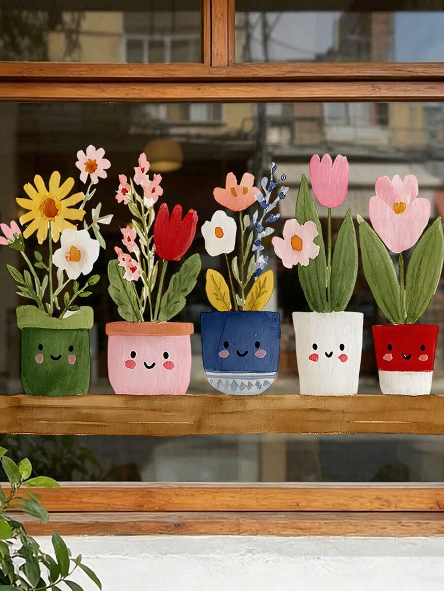 1pc Removable Reusable Static Window Sticker, PVC Material, Cute Cartoon Potted Flower Window Decal, Hand‑Painted Fresh Style, No Glue Easy To Apply, Vibrant Color Plant Pot Pattern For Home Glass Window Decor - Small Flower Pot - View 1