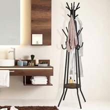 Standing Coat/Hat Rack With Shelf, 20 Hooks, Rustic Brown - Black Rustic Brown - View 2