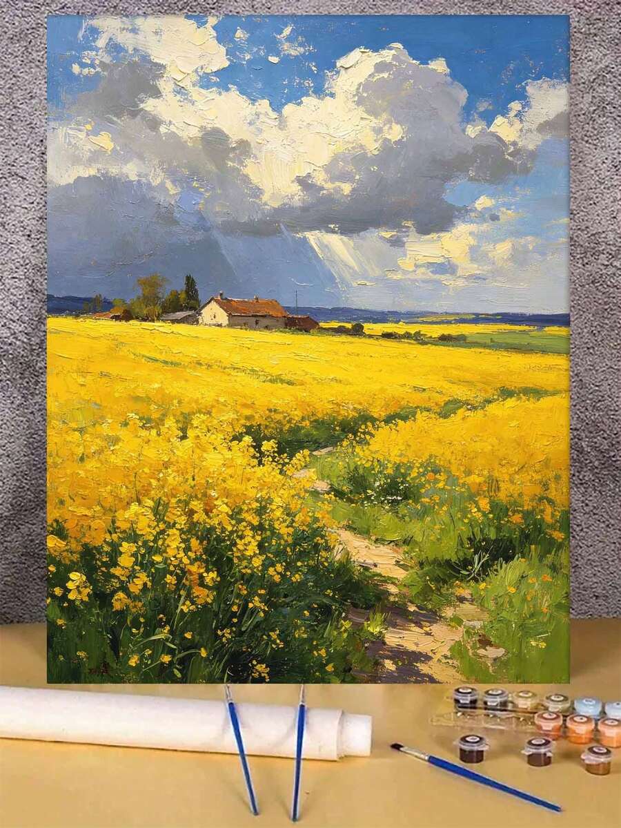 1pc Oil Painting By Numbers Kit, Rapeseed Flower Field DIY Art & Craft, Home Wall Decor, Canvas Oil Painting Decoration, Holiday Gift Includes Paintbrushes And Paints.