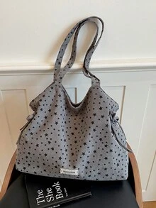 1 buah Tas Tote Corduroy Kapasitas Besar Motif Bintang Abu-abu untuk Wanita - Grey - View 3