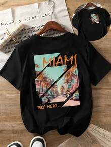 Miami-Style Beach Vacation Print T-Shirt, Short Sleeve, Crew Neck, Casual Top For Summer And Spring, Women's Clothing - Black - View 2
