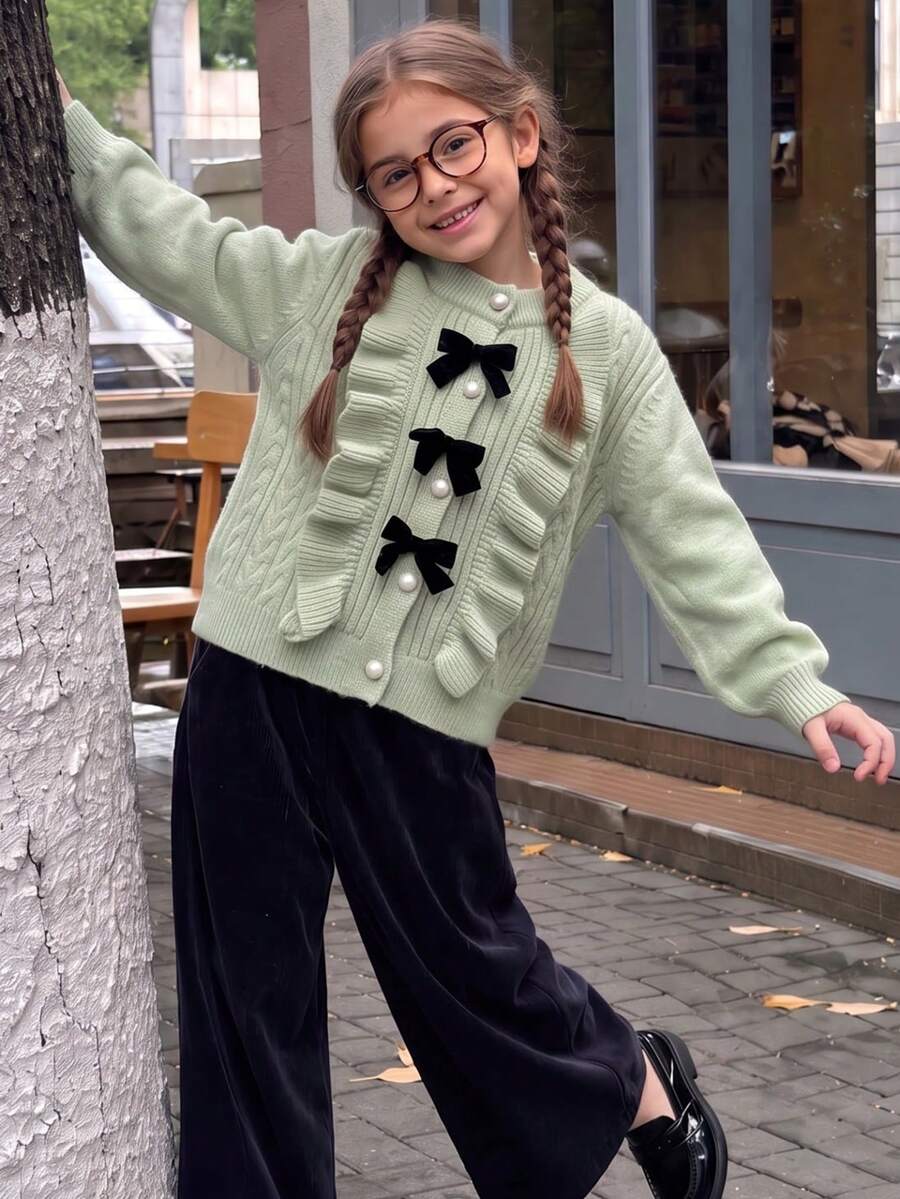 女童蝴蝶結針織開襟衫,青少年麻花編織前扣上衣配珍珠鈕扣,長袖學院風可愛針織衫,適合上學、日常穿著,秋冬款 - 彩色 - 查看 1