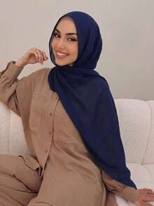 1PC Women's Solid Color Viscose Headscarf, Soft Wide-Edge Headwrap, Versatile Sun Protection Scarf Hijab, Suitable For Daily Wear - Navy Blue - View 4