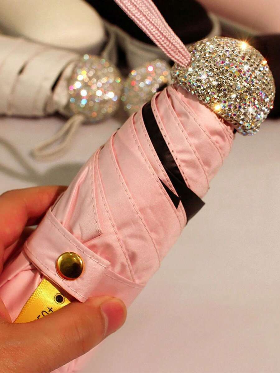 1pc 2-In-1 Sun & Rain Umbrella With Rhinestone Design, Portable Travel Essential, Easy To Carry, School Supplies, Strong Waterproof Performance, Dual-Use Rain & Sun Protection, Perfect Vacation Gift Choice