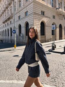 Women's French Vintage Polka Dot Stand Collar Short Jacket, Casual Navy Blue Contrast Color Top, Suitable For Spring And Autumn - Blue - View 3