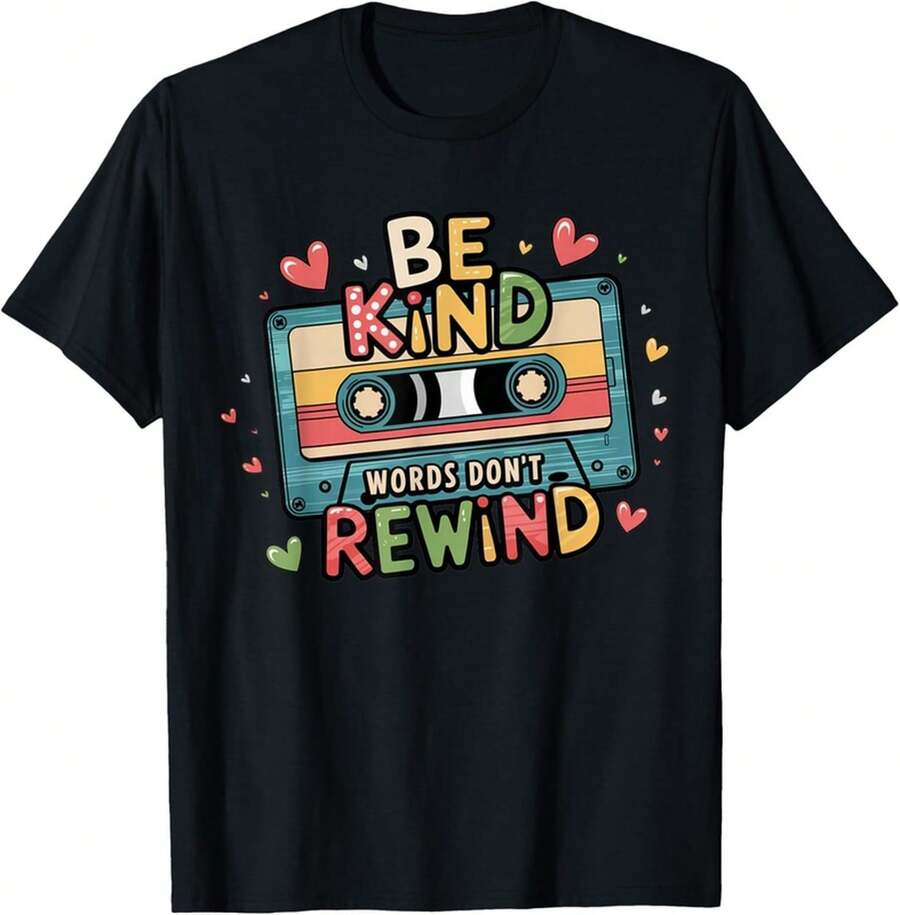 Be Kind Words Don't Rewind Vintage Music Lovers 90's 80's T-Shirt Unisex TeeUnisex Pure Cotton T-Shirt, Plus Size, Suitable For Slightly Overweight In - Black - View 1