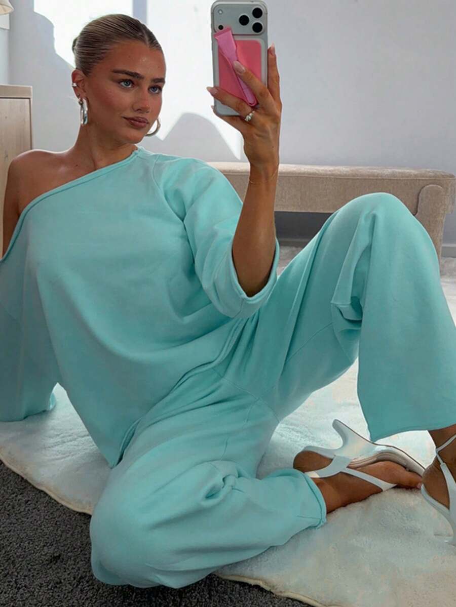 SYchuan Women's Casual Asymmetric Collar 2 Pieces Set, Off-Shoulder Top With Wide-Leg Pants, Suitable For Spring/Summer Home Leisure - Light Wash - View 1