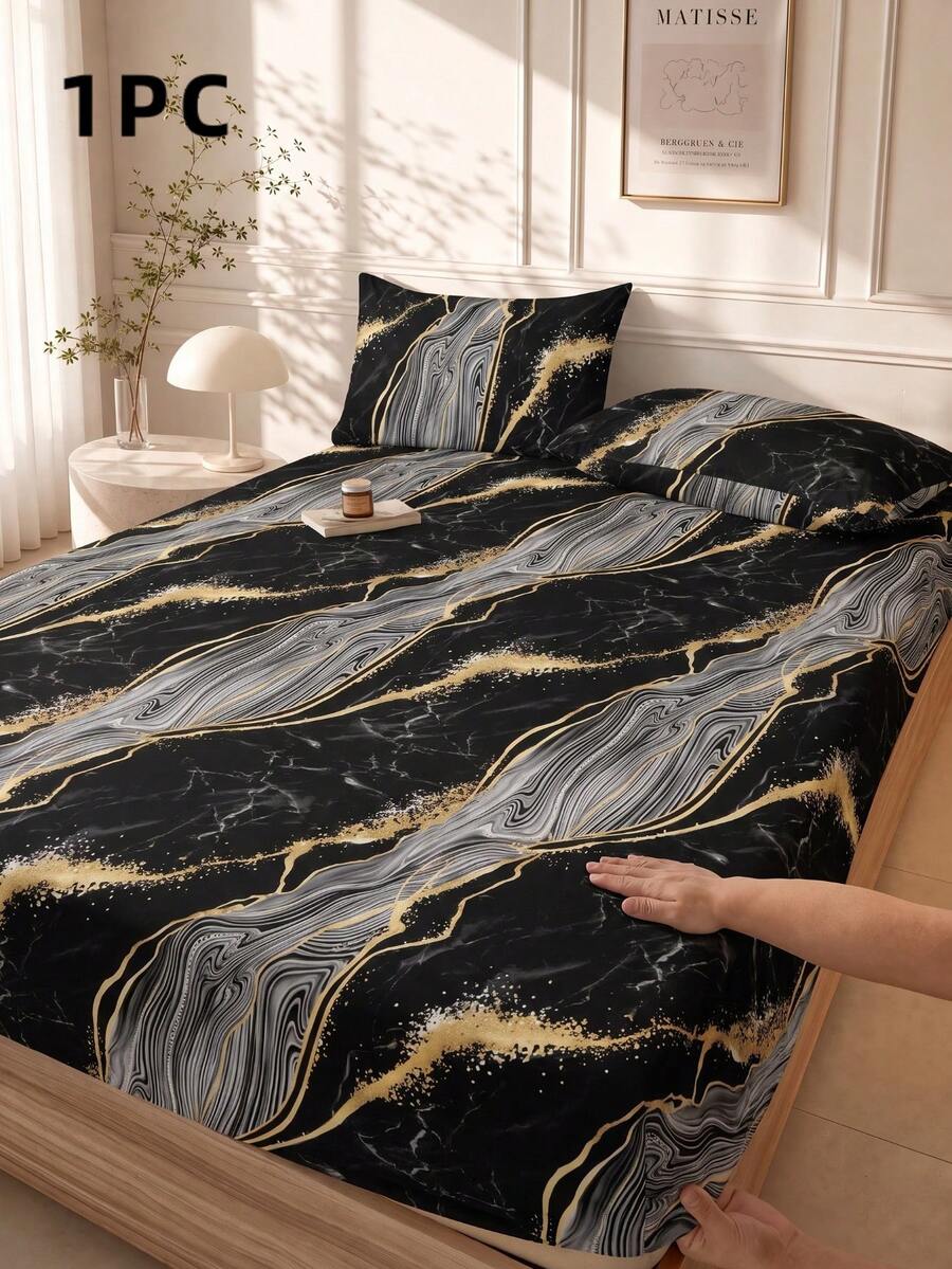 1pc Black Marble Pattern Fitted Sheet, Mattress Protector, Mattress Cover, Fitted Sheet, Soft & Breathable, -Twin, Full, Queen, King, Deep Pocket Design Up To 11.8 Inches. Back To School Dorm Essential - Black - View 1