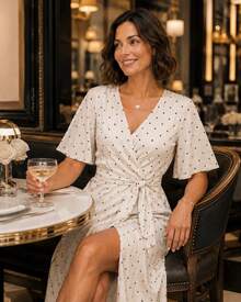 Vestido Longo Feminino Elegante Poá com Fenda – Decote V Transpassado, Cintura Marcada com Laço, Casual Chic para Festa e Passeio - Branco - Visão 3