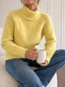 Women's Cream Yellow High Neck Ribbed Pullover, Mohair Loose Drop Shoulder Style, Comfortable Long Sleeve Autumn/Winter Layering, Halloween Christmas Y2K Style - Pale Yellow - View 5