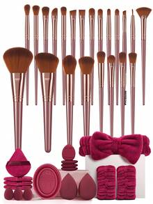 17/22/39Pcs Total All‑In‑One Makeup Tool Set, 22Pcs Soft Synthetic Makeup Brushes, With Powder Puffs, Makeup Sponges, Bow Decor Hair Band, Wrist Bands, Brush Cleaning Bowl, Complete Cosmetic Kit For Foundation Blush Eyeshadow Concealer - Burgundy - View 1