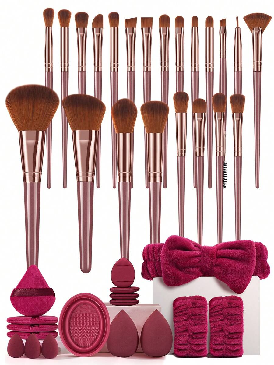 17/22/39Pcs Total All‑In‑One Makeup Tool Set, 22Pcs Soft Synthetic Makeup Brushes, With Powder Puffs, Makeup Sponges, Bow Decor Hair Band, Wrist Bands, Brush Cleaning Bowl, Complete Cosmetic Kit For Foundation Blush Eyeshadow Concealer - Burgundy - View 1