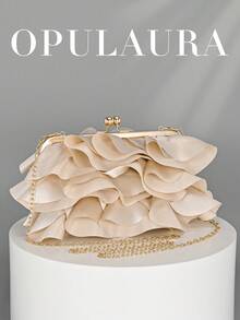 OpulAura 女士优雅迷人花瓣派对手拿包，荷叶边设计晚装包，适合婚礼/度假/正式派对/舞会，配有链条，花瓣形状随机发货 - 杏色 - 查看 1