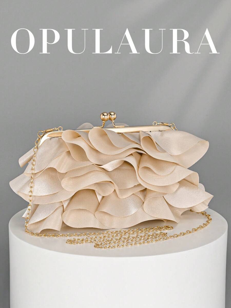 OpulAura 女士优雅迷人花瓣派对手拿包,荷叶边设计晚装包,适合婚礼/度假/正式派对/舞会,配有链条,花瓣形状随机发货 - 杏色 - 查看 1