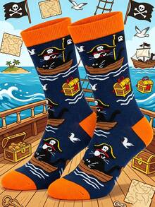 1 Pair Of Crew Sock, Men Funny Graphic Socks, Pirate Black Cat Treasure Chest Ocean Pattern Socks, Soft Breathable, Halloween Christmas Gift For Men - Multicolor - View 8