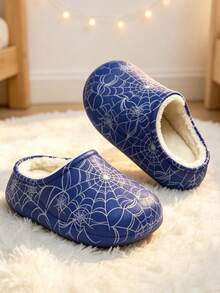 1 Pair Spider Web Pattern Fleece Slip-On Kids Shoes, Warm & Comfortable House Shoes, Suitable For Indoor & Outdoor Daily Wear - Blue - View 9