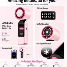 便攜式手持冰冷風扇，可充電個人風扇，100段無級調速，4000mAh (2000mAh*2) 可充電鋰電池，LED燈與數位顯示，可折疊手持扇，適合旅行與戶外使用 - 淺粉色 - 查看 7