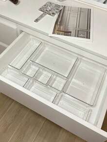 1/7pcs/11pcs/18pcs Transparent Drawer Storage Boxes Multi-Specification Free Combination, Cosmetics Jewelry Stationery Miscellaneous Items Classification And Organization, PET Odorless Non-Slip Divider Box Home Desktop Drawer Organizer Multi-Purpose, Used For Brushes, Jewelry, Lipstick, Different Compartments To Place Cosmetics, Small Tools, Very Suitable For Vanity, Office Drawer - Clear - View 1