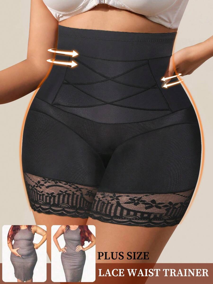 Plus Size Seamless High Waist Tummy Control Lace Shaping Panties Postpartum Slimming Butt Lifting Women's Underwear - Black - View 1