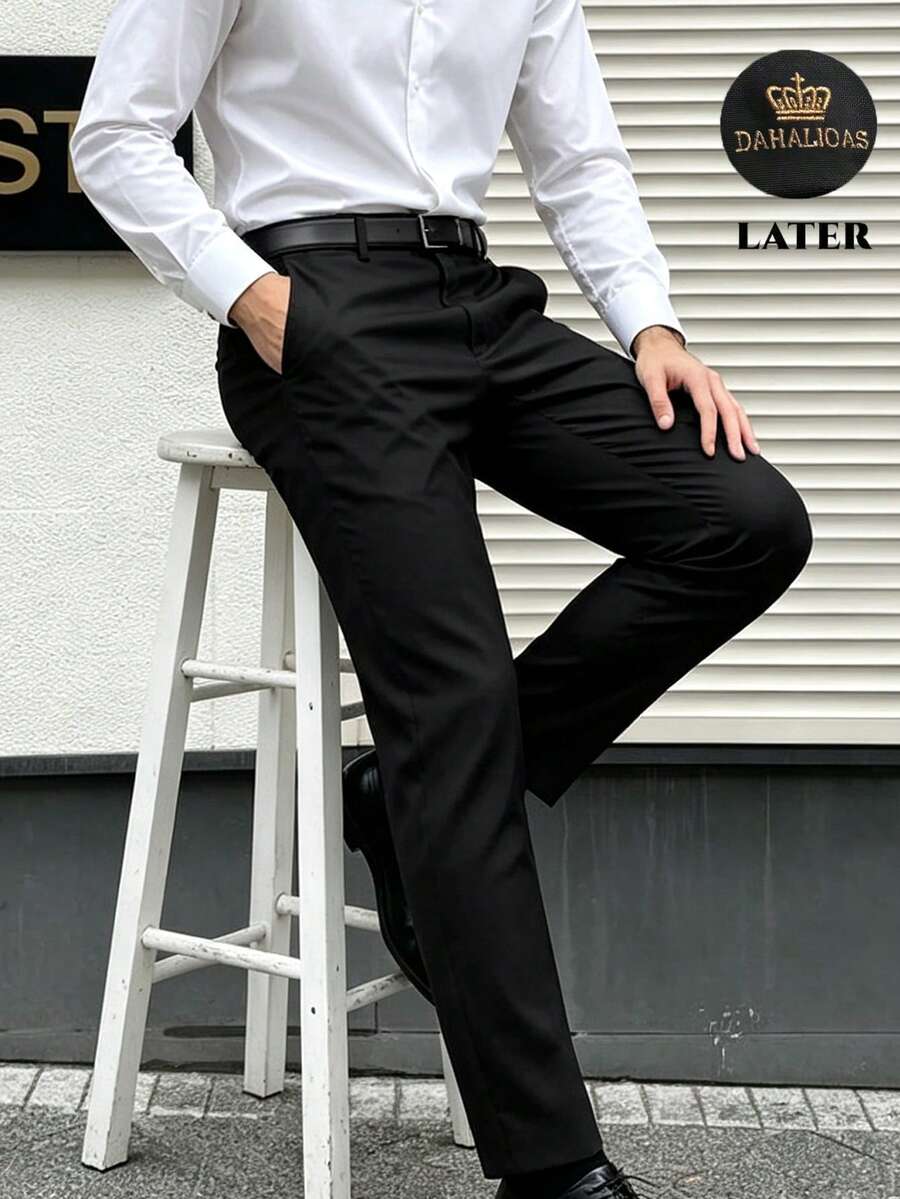 男士休閒寬鬆直筒西裝長褲,春秋款,正式與休閒雙用途,極簡基本版型,適合辦公通勤 - 黑色 - 查看 1