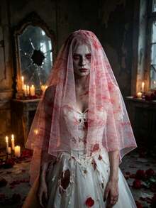 1pc Halloween Ghost Bride Costume Set, Blood-Stained Veil, Halloween Costume Accessories, Party Headpiece Costume Props, Suitable For Halloween, Theme Parties And Stage Performances - Multicolor - View 3