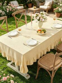 1pc Tablecloth With Ruffled Hem Decor, Polyester Fabric, Light Yellow Checkered Pattern, Rectangular Or Square, Suitable For Dining Room And Living Room Table Decor - Light Yellow - View 2