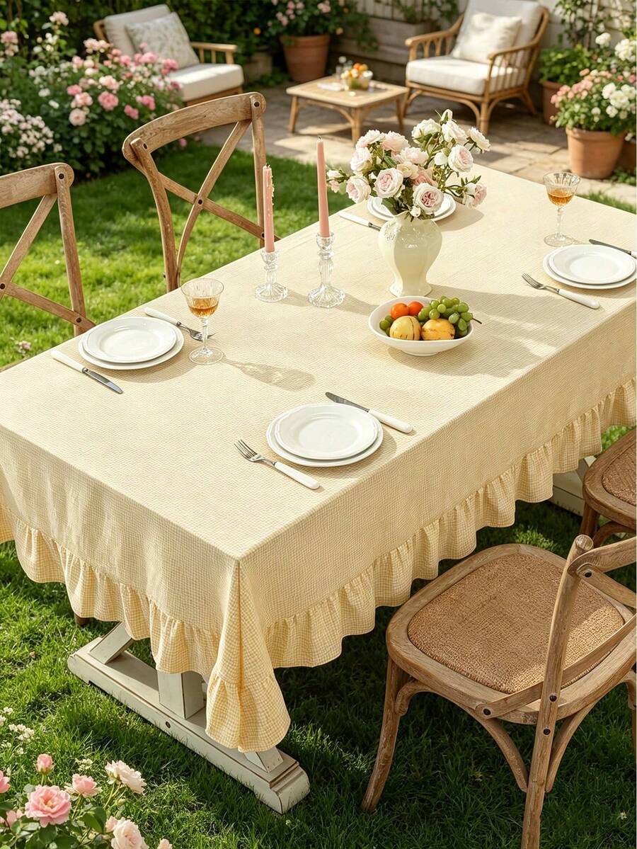 1pc Tablecloth With Ruffled Hem Decor, Polyester Fabric, Light Yellow Checkered Pattern, Rectangular Or Square, Suitable For Dining Room And Living Room Table Decor