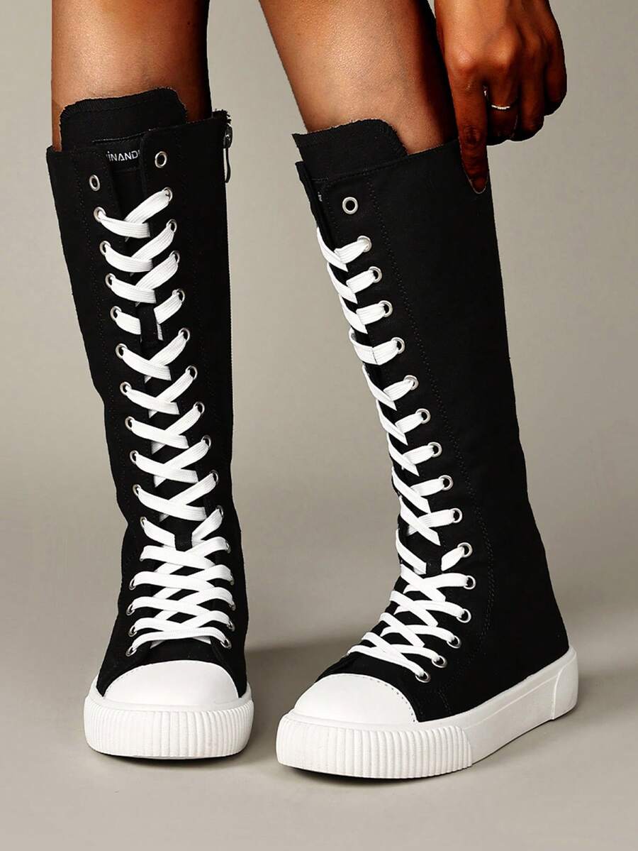 All-Season Outdoor Women's Fashion Flat Over-The-Knee Boots, Built-In Zipper, Breathable Lightweight Comfortable Athletic Shoes, Black All-Season, Fabric Upper, Suitable For Students, Parties And Daily Outings, Size 36-43, Tall Boots For Women