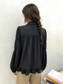 Early Autumn Pleated Patchwork Button-Down Turn Collar Loose Solid Color Ruffle Long Sleeve Blouse For Women - Black - View 4