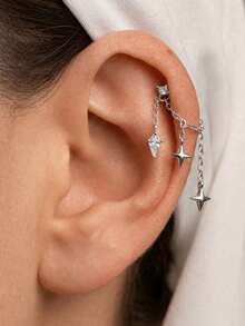 EleRunis 1pc 925 Sterling Silver Star Shaped Ear Cartilage Earring Chain Pendant Oval Shaped Ear Stud Exquisite Jewelry, Suitable For Daily Wear And Party - Silver - View 2