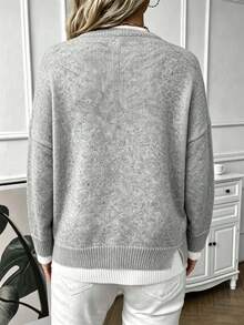 Plus Size Casual Fashion Round Neck Color Block 2 In 1 Long Sleeve Knit Sweater Fall - Greyish White - View 6