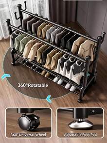 Double‑Pole Floor‑Standing Movable Coat Rack With Universal Casters For Easy Movement, Side Hooks, Double‑Layer Storage Space, Thickened Stable Tubing, Available In Black And White, Provides Large‑Capacity Storage For Clothes, Hats And Shoes - A - View 9