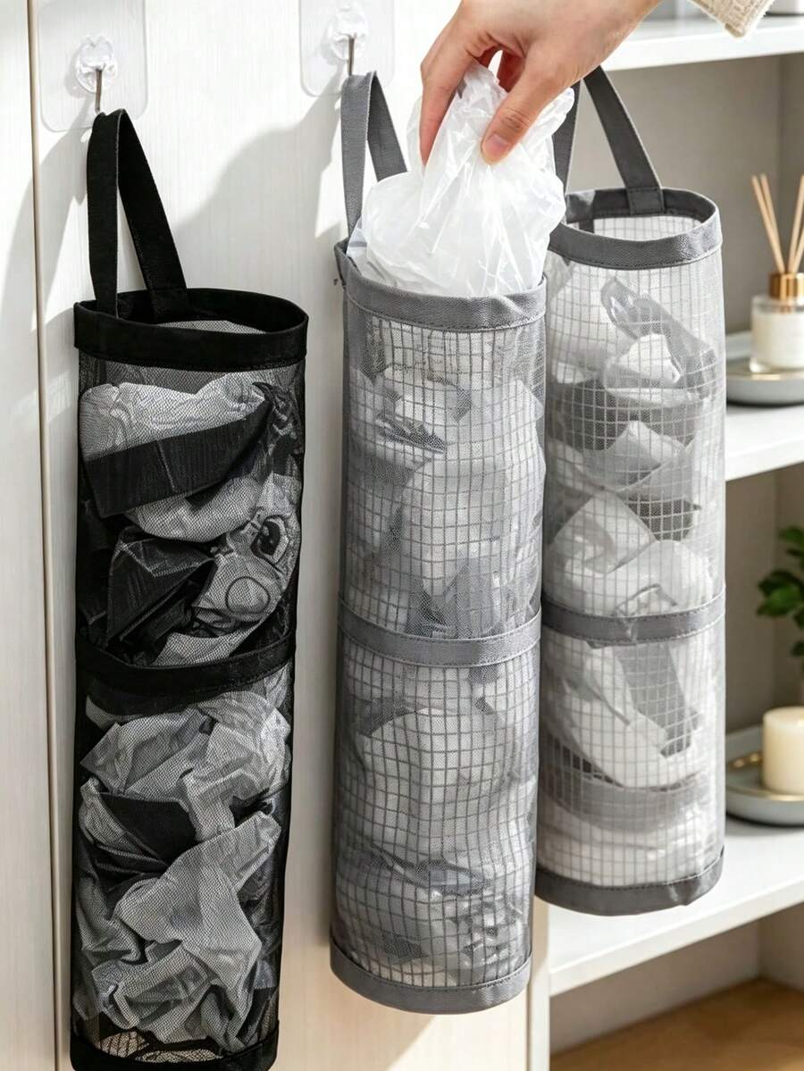 1pc Wall-Mounted Mesh Plastic Bag Storage Rack, Kitchen Hanging Storage Basket, Reusable Shopping Bag Organizer, Suitable For Kitchen Cabinets, Home Wall Storage Bag, Kitchen Accessories, Home Decor And Storage - Multicolor - View 1