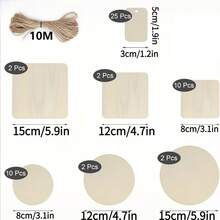 54 buah Papan Kayu Ukuran Kecil untuk Kerajinan, Termasuk Tali Rami 10m, Potongan Kayu Kosong Bulat dan Persegi, Cocok untuk Stempel, Grafiti, Menulis, Mewarnai, Kerajinan DIY, dan Dekorasi Pesta - A - View 2