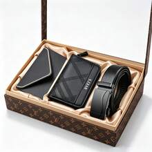 3PCS Men's PU Leather Wallet Belt Set With Greeting Card, Embossed Bifold Wallet And Automatic Buckle Belt, Christmas Birthday Father's Day Gift - Black - View 5