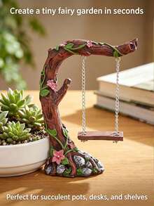 1pc Resin Miniature Tree Branch Swing Ornament, Decorative Mini Swing Statue, Suitable For Succulent Potted Plants, Bonsai, Terrarium DIY, Cute Desktop Decor Prop, Suitable For Dollhouse Scene Setup, Home Office Desktop Decoration, Fairy Garden Accessory, Flower Pot Styling Decoration - Multicolor - View 5