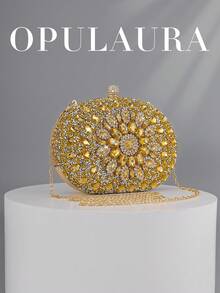OpulAura 女士奢华闪亮水晶迷你手拿包 - 迷人钻石晚装包，时尚派对/婚礼/正式场合手提包，带链条 - 金色 - 查看 1