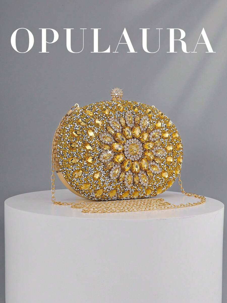 OpulAura 女士奢华闪亮水晶迷你手拿包 - 迷人钻石晚装包,时尚派对/婚礼/正式场合手提包,带链条 - 金色 - 查看 1