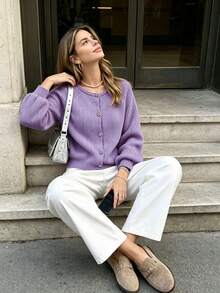 女款優雅圓領紫色羅紋長袖寬鬆休閒針織開襟衫，三葉草鈕扣裝飾，秋冬時尚百搭 - 紫色 - 查看 4