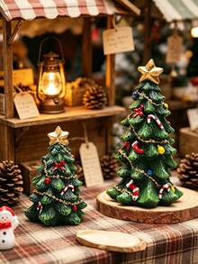 8pcs/1pc Green Christmas Tree Ornament, Resin Pyramid Shaped Mini Figurine With Star Top And Candy Cane Decoration, Christmas Party Home Desktop Centerpiece Decoration, Winter Holiday Decor - Multicolor - View 4