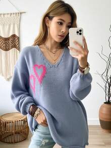 Plus Size Women V-Neck Heart Jacquard Sweater Pink Love Pattern Knit Pullover Long Sleeve Soft Warm Top Autumn Winter Sweet - Gray Blue - View 3