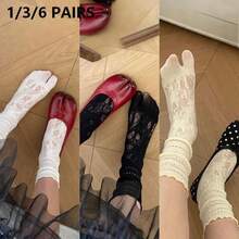 長款荷葉邊蕾絲飾邊分趾襪，鏤空設計，女款鬆垮襪，適合日常穿著 - 彩色 - 查看 12
