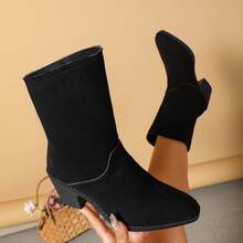 Women Solid Black Faux Suede Mid‑Calf Boots Round Toe Chunky Block Heel Slip‑On Winter Casual Shoes - Black - View 6