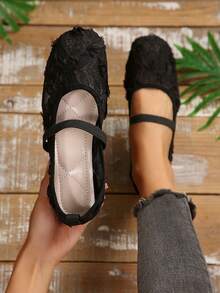 Women's 3D Floral Lace Mesh Square Toe Elastic Strap Breathable Soft Sole Shoes - Black - View 6