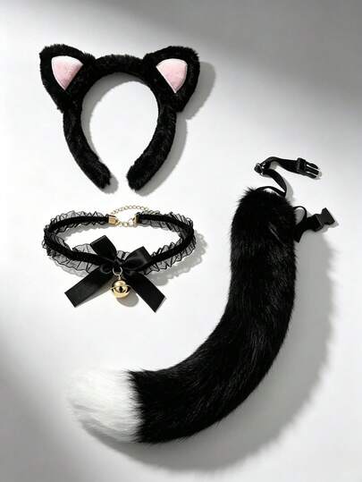 3pcs Cute Plush Cat Ears And Black Lace Choker, Black And White Cat Tail Halloween Party Costume Headband, Suitable For Halloween Cosplay, Christmas, Costume Party And Other Holiday Gatherings