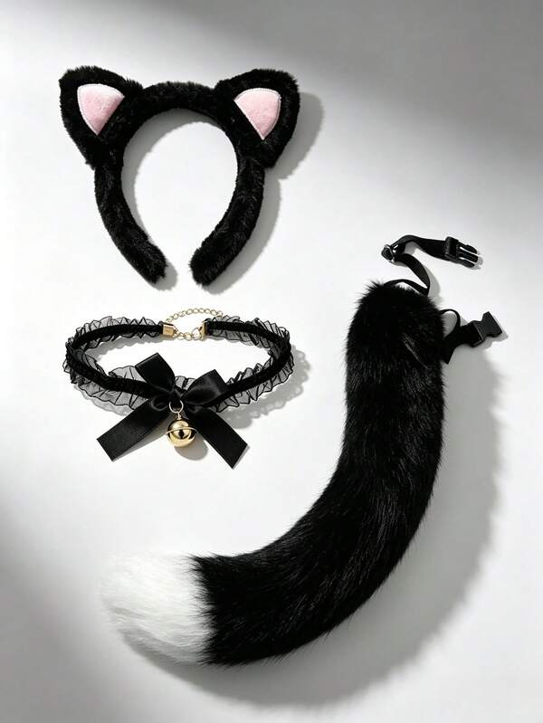 3pcs Cute Plush Cat Ears And Black Lace Choker, Black And White Cat Tail Halloween Party Costume Headband, Suitable For Halloween Cosplay, Christmas, Costume Party And Other Holiday Gatherings