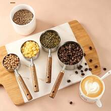 4pcs/8pcs Stainless Steel Baking Measuring Cup Set, Kitchen Liquid And Solid Measuring Tools, Including Measuring Cups And Measuring Spoons, Wooden Handle Measuring Tools For Baking, Cooking, Seasoning Spoons, Dry And Liquid Measuring Cups - Kitchen Baking Supplies - Silver - View 4