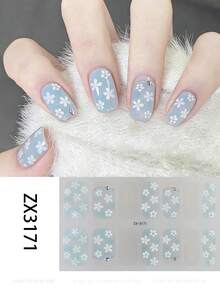 1 Sheet Full-Coverage Nail Stickers Featuring A Gentle, Minimalist, And Fresh French-Style Summer Look. These Nail Stickers Feature A Light Blue And Transparent Design Accented With Floral Patterns, Making Them Perfect For Women And Girls. - Dusty Blue - View 2