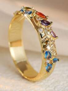 Gmzalx Vintage Glamorous Leaf-Shaped Colorful Jewelry Ring, Gold-Tone Band With Exquisite Engraved Leaf Pattern, Artistic Heavy-Duty Jewelry - Multicolor - View 4